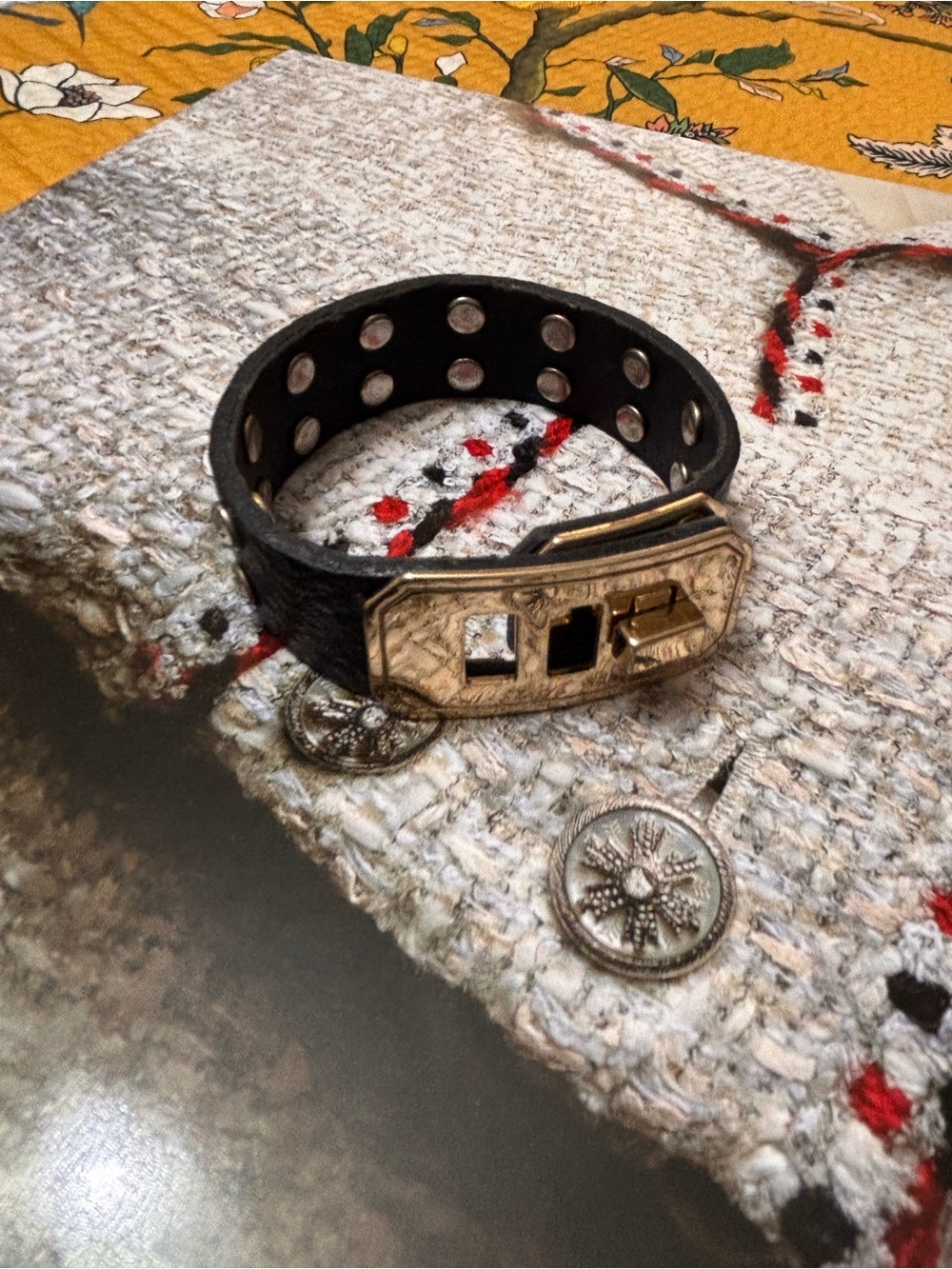Black Leather Bracelet with Gold-Tone Buckle and crystal grommets